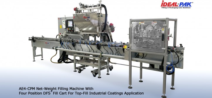 Image of AE4-CPM Net Weight Filling Machine with mobile fill cart.
